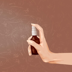 Cosmetic dark amber glass bottles in female hands on brown background, drawn stylized image. Closeup, copyspace. Dark glass containers with flowers. Perfume spray, salon treatment concept, minimalism