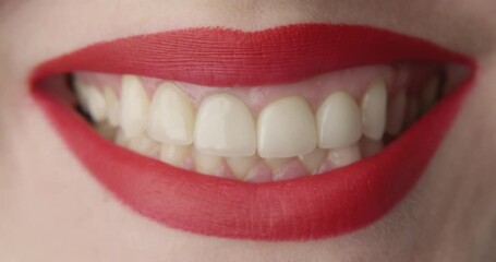 Red Lips Smiling a Macro Shot of Woman with White Teeth and Pretty Smile
