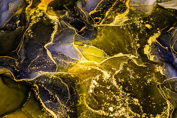 Abstract bright shiny color fluid background, hand drawn alcohol painting with golden streaks, liquid ink technique texture for backdrop design
