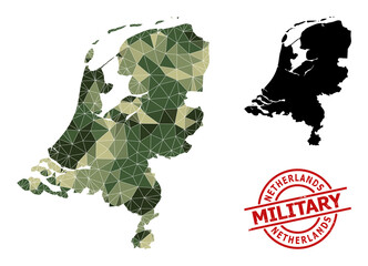 Low-Poly mosaic map of Netherlands, and rough military seal. Low-poly map of Netherlands is designed from randomized khaki colored triangles.