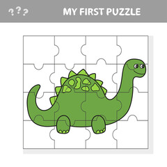 Cute puzzle game. Vector illustration of puzzle game with happy cartoon dino for children. My first puzzle