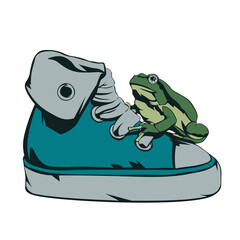 Frog on a sneaker illustration for a t-shirt. Vector illustration for a card or poster, print on clothes.
