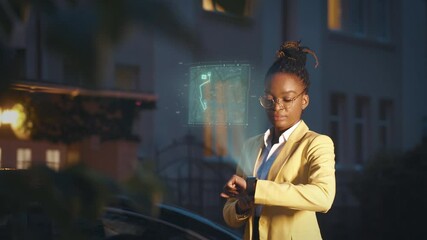 African female businesswoman browsing infographic data on smartwatch, activating online city map making travel route roadtrip, scrolling holographic virtual screen. Technology. Future. - Powered by Adobe