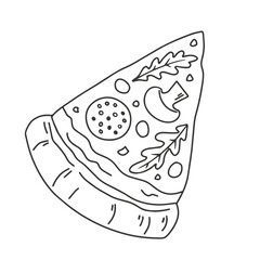 Slice of pizza with pepperoni and mushrooms. Black and white image for tattoo or coloring or logo. Vector illustration in graphic style.