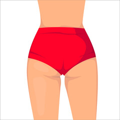 Female rear in red swimming trunks rear view clipart. Vector illustration in cartoon style.