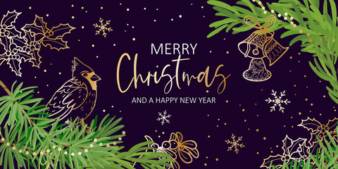 Elegant Christmas vector banner with Shining Gold snowflakes, red cardinal, bell and fir branches. For ad, social media, brochure, email, flyer, leaflet, newsletter, placard, poster, web sticker