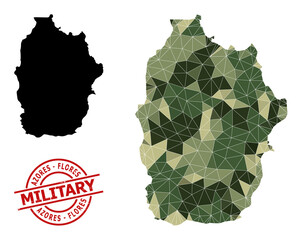 Low-Poly mosaic map of Azores - Flores Island, and textured military stamp. Low-poly map of Azores - Flores Island combined of random camo colored triangles.