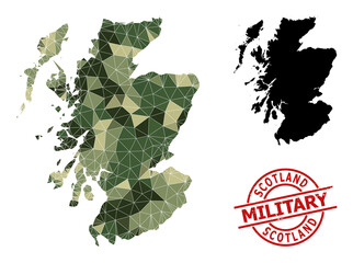 Lowpoly mosaic map of Scotland, and rough military stamp seal. Lowpoly map of Scotland constructed from scattered camo color triangles. Red round stamp for military and army concept illustrations,