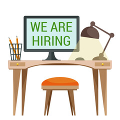 Desktop with a monitor on it. Concentration with the inscription - we are looking for an employee or employee. Free vacancy in the office. Vector illustration in cartoon style.