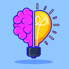 Brainstorming concept in cartoon style. Brain and lightbulb idea. Flat cartoon vector illustration. 