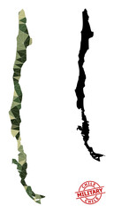 Low-Poly mosaic map of Chile, and distress military stamp. Low-poly map of Chile constructed of scattered khaki colored triangles. Red round stamp for military and army abstract illustrations,