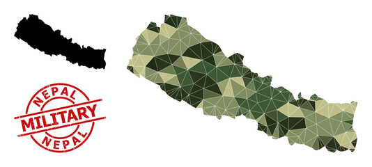 Low-Poly mosaic map of Nepal, and distress military stamp. Low-poly map of Nepal constructed with scattered camo filled triangles. Red round stamp for military and army abstract illustrations,