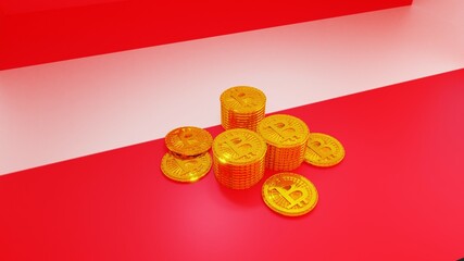 Photorealistic image of Isolated Bitcoin blockchain electronic cryptocurrency money for trade and exchange without bank for financial purpose and online trading placed on flag of Austria