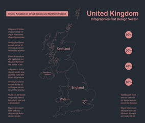 Infographics United Kingdom map outline, flat design, color blue orange vector