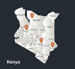 Kenya map, Infographics flat design colors snow white, with names of individual regions vector