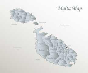 Malta map, administrative division with names, white blue card paper 3D vector - obrazy, fototapety, plakaty