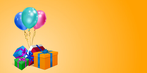 Vector illustration with bunch of colored gift boxes with ribbons and bows and multicolor balloons on yellow background