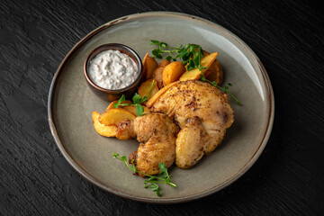 Chicken baked with potatoes and sauce in a ceramic plate on a dark textured background. Restaurant menu Isolated on black