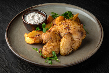 Chicken baked with potatoes and sauce in a ceramic plate on a dark textured background. Restaurant menu Isolated on black
