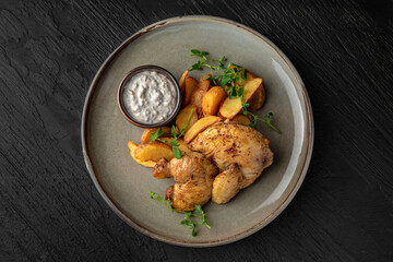 Chicken baked with potatoes and sauce in a ceramic plate on a dark textured background. Restaurant menu Isolated on black