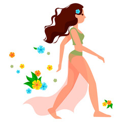 Obraz na płótnie Canvas A girl in a bathing suit and a transparent pareo comes with growing hair and flowers. Symbol of sea and beach holidays. Retro picture. Vector illustration in cartoon style.
