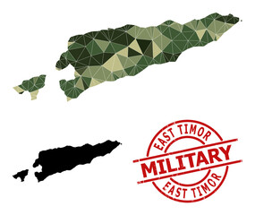 Low-Poly mosaic map of East Timor, and distress military stamp print. Low-poly map of East Timor is combined of chaotic camouflage filled triangles.
