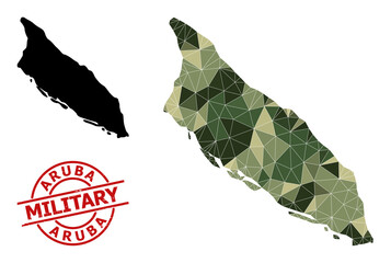 Lowpoly mosaic map of Aruba Island, and distress military stamp seal. Lowpoly map of Aruba Island is designed from random camouflage color triangles.