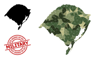 Polygonal mosaic map of Rio Grande do Sul State, and rough military stamp. Lowpoly map of Rio Grande do Sul State is designed of random camouflage color triangles. - obrazy, fototapety, plakaty