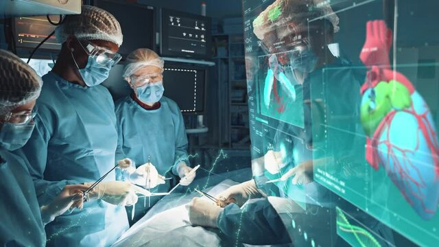 Group of professinal surgeon and nurses performing necessary heart surgery at clinic. 3D render animated heart anatomy holographic virtual scan touchscreen. Augmented reality. Medical industry.