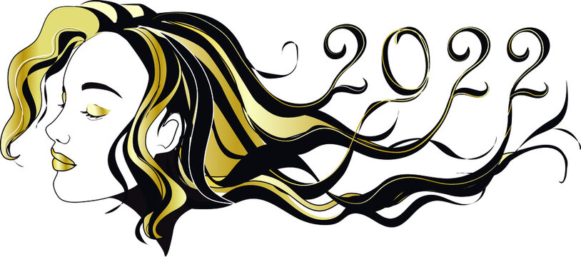 new year 2022 profile of pretty woman with long hair in beauty salon, hairdresser, aesthetic, black and gold, website, social media brochures photo cover