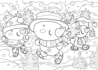 Christmas coloring page. Card with snowmans for kids.