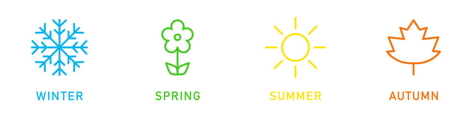 Fototapeta premium Conjunto de icono de estaciones del año. Invierno, primavera, verano, otoño. Concepto de clima y temperatura. Ilustración vectorial, estilo colores