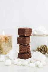 Dark Chocolate Petit Four Cakes with Marshmallows and Hot Chocolate