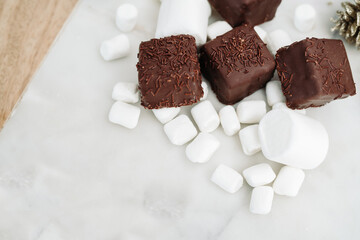 Dark Chocolate Petit Four Cakes with Marshmallows and Hot Chocolate Flat Lay, Valentine's Day Dessert