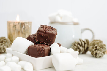 Dark Chocolate Petit Four Cakes with Marshmallows and Hot Chocolate, Valentine's Day Dessert
