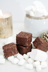 Dark Chocolate Petit Four Cakes with Marshmallows and Hot Chocolate, Valentine's Day Dessert