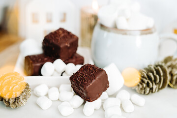 Dark Chocolate Petit Four Cakes with Marshmallows and Hot Chocolate Valentine's Day Dessert