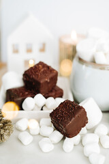 Dark Chocolate Petit Four Cakes with Marshmallows and Hot Chocolate