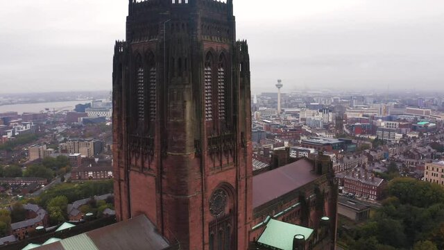 Aerial view of the Liverpool Cathedral or Cathedral Church of Christ of the Risen Christ on St James Mount in Liverpool, UK