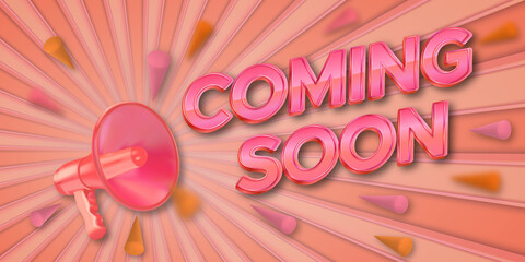 Coming soon poster promotion template with a realistic megaphone and sunburst pastel background 