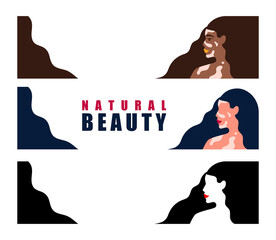 Bundle with natural beautiful women banners. Female with vitiligo skin pigments vector illustration