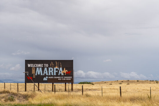 Marfa, TX - Oct 13, 2021: Welcome to Marfa Est. 1883 sign on the side of the road on US 90.