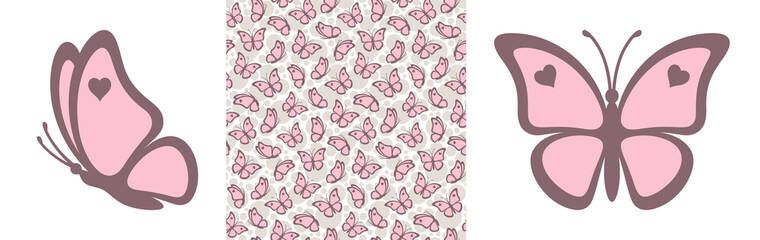 Contours of pretty butterflies with hearts and dotted seamless pattern isolated on a white background. Outlines of butterflies are great for print gift paper, wedding greeting cards and fabrics