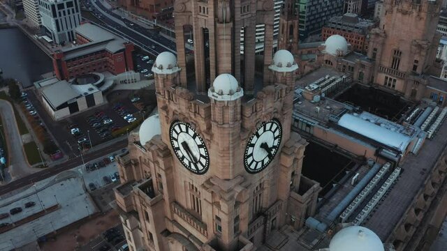 Aerial close up of the tower of the Royal Liver Building in Liverpool, UK