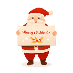 Santa Claus holding sign board, cartoon merry Christmas greeting card. Funny xmas character and banner New Year congratulation, mistletoe. Poster or postcard, presentation, template, design mockup