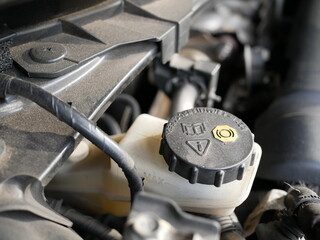 check level container of car brake fluid at garage.