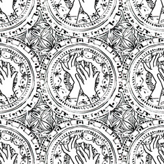 Seamless pattern ornate black and white boho mandala decor and two hands. Circle line point stripe wave swirl. Hand drawn acrylic. Creative background for meditation coloring book yoga, relax, balance