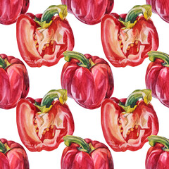 Seamless pattern watercolor red bell pepper on white background. Hand-drawn sweet food vegetable for cooking book menu. Clipart creative spicy paprika for cafe wallpaper wrapping sketchbook