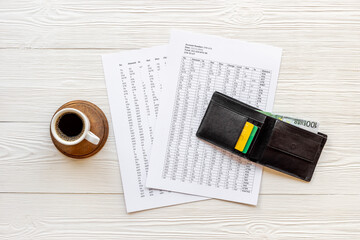 Business taxes report accounting with purse on office table, top view