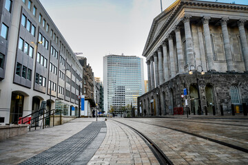 Unused tram tracks in Birmingham city center,England,United Kingdom.